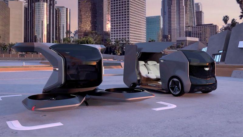 Two futuristic Cadillac concepts, an electric shuttle and an autonomous vertical take-off and landing (VTOL) drone, are seen in a still image from video presented by General Motors (GM) at the 2021 CES show on January 12, 2021. GM/Handout via REUTERS 