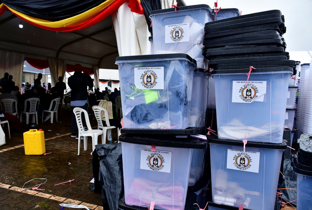 Ballot boxes and other electoral materials are seen at the Kampala tally centre after the presidential and parliamentary elections in Kampala, Uganda January 15, 2021. REUTERS/Abubaker Lubowa
