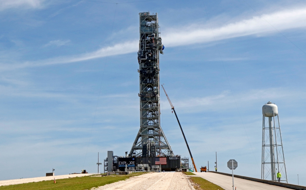 NASA's Space Launch System mobile launcher stands atop Launch Pad 39B for months of testing before it will launch the SLS rocket and Orion spacecraft on mission Artemis 1 at the Kennedy Space Center in Cape Canaveral, Florida, U.S., July 1, 2019. REUTERS/