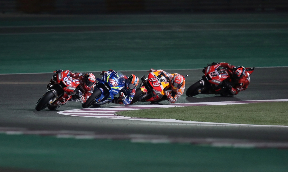 March 10, 2019 Mission Winnow Ducati's Andrea Dovizioso, Repsol Honda Team's Marc Marquez, Team SUZUKI ECSTAR's Alex Rins and Mission Winnow Ducati's Danilo Petrucci during the race REUTERS/Ibraheem Al Omari/File Photo