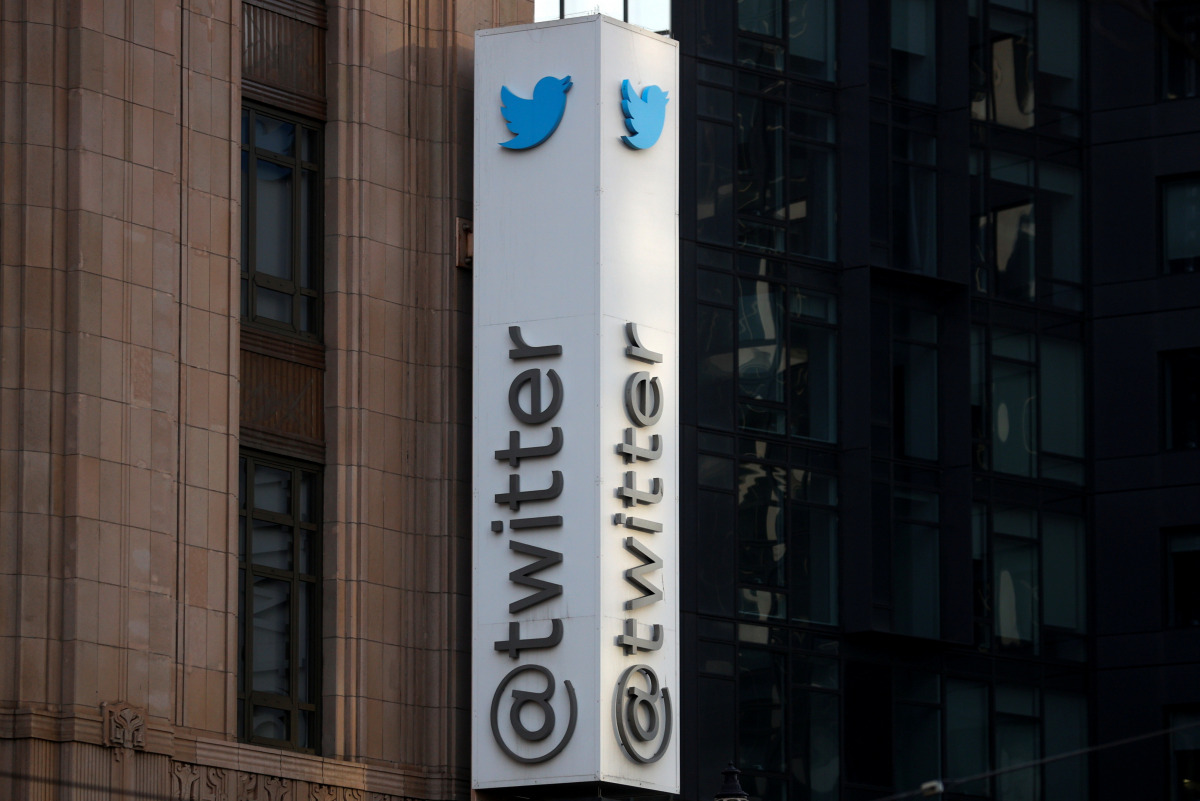FILE PHOTO: A Twitter logo is seen outside the company headquarters, during a purported demonstration by supporters of U.S. President Donald Trump to protest the social media company's permanent suspension of the President's Twitter account, in San Franci