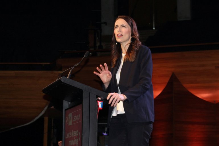 Prime Minister Jacinda Ardern addresses her supporters at a Labour Party event in Wellington, New Zealand, October 11, 2020. Reuters/Praveen Menon/File Photo

