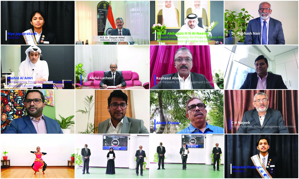 Ambassador of India to Qatar, H E Dr. Deepak Mittal; Omar Abdulaziz H N Al Naama, Assistant Undersecretary for Private Education Affairs, and Rashid Al Amri, Acting Director of the Private Schools Affairs Department, during the 21st Annual Day celebration