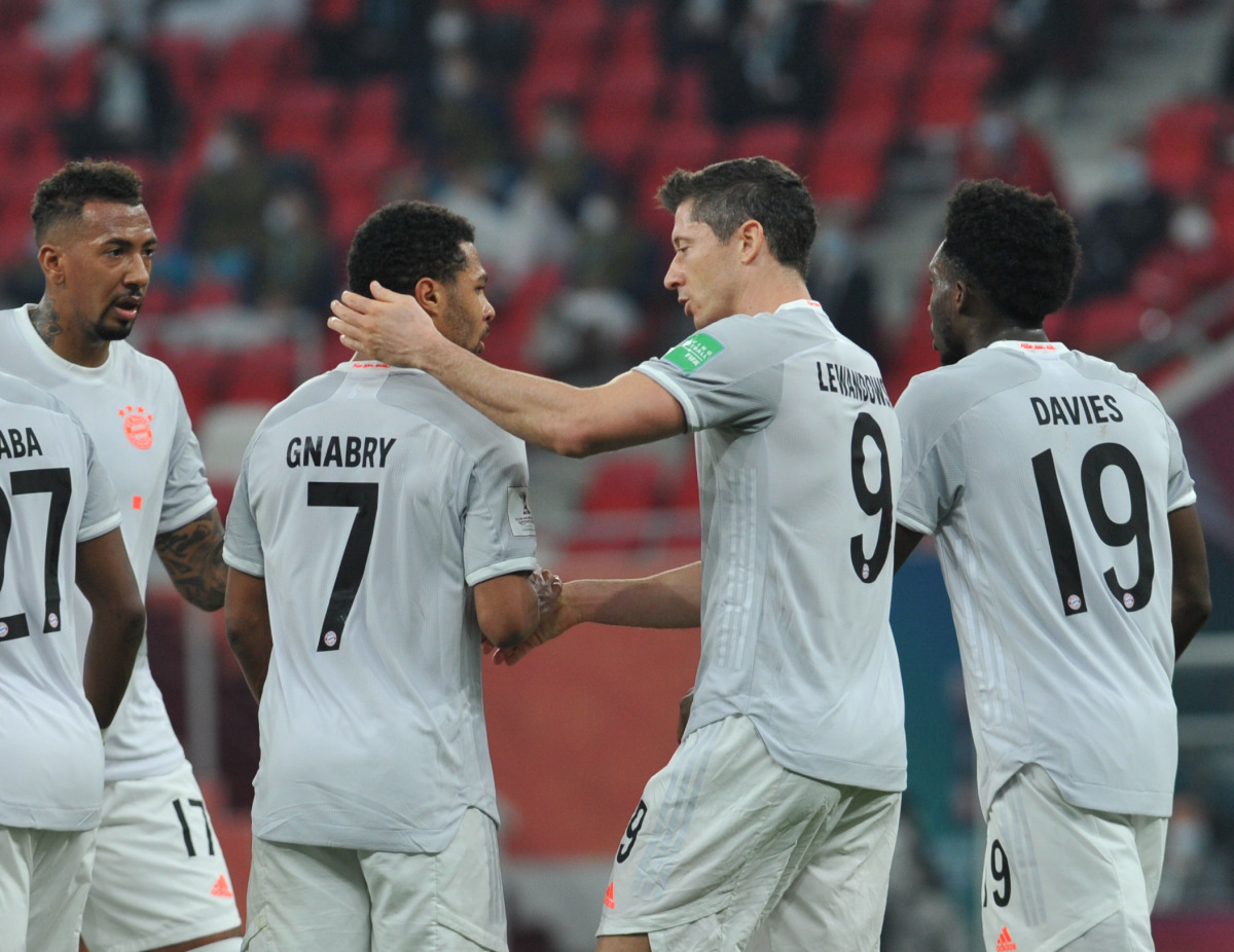 Bayern Munich's Robert Lewandowski (second right) celebrates with team-mates after scoring a goal against Al Ahly in the second semi-final. PIC: Salim Matramkot/The Peninsula