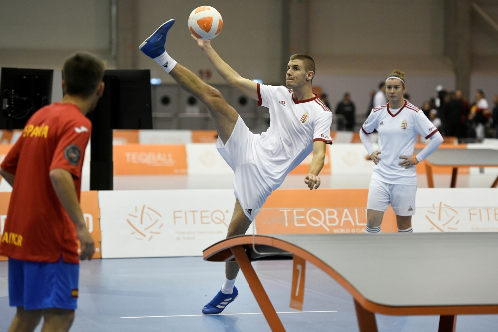 FILE PHOTO: Csaba Banyik of Hungary in action at the Teqball World Championships in Budapest, Hungary December 6, 2019. Picture taken December 6, 2019. REUTERS/Tamas Kaszas