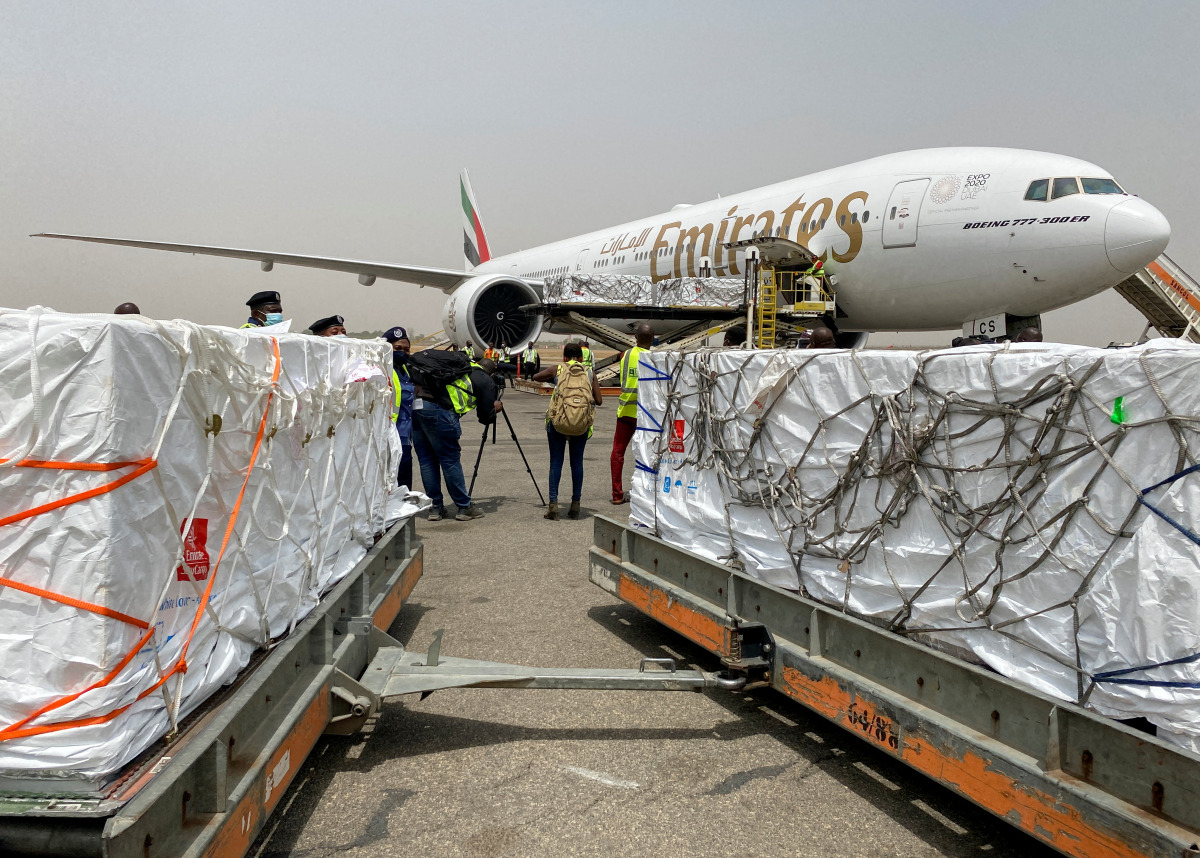 Nigeria's first batch of Oxford/AstraZeneca vaccines against coronavirus disease (COVID-19) arrives at the international airport of Abuja, Nigeria March 2, 2021. REUTERS/Abraham Archiga
