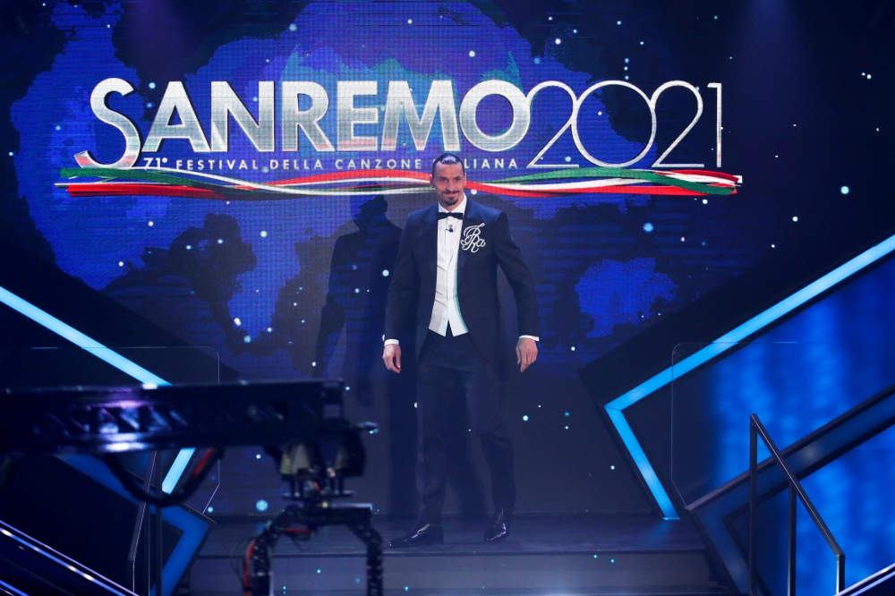 FILE PHOTO: AC Milan player Zlatan Ibrahimovic attends the 71st Sanremo festival, which is live-streamed without public participation due to the coronavirus disease (COVID-19) restrictions, at the Ariston Theatre, in Sanremo, Italy March 2, 2021. REUTERS/