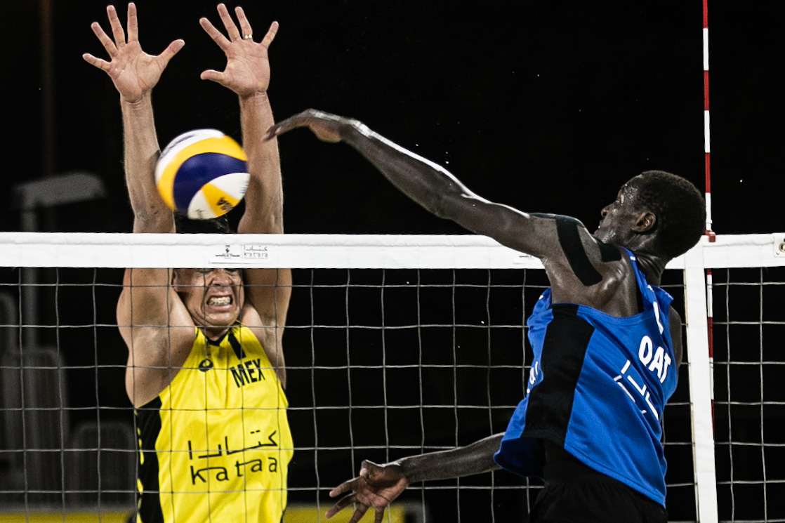 Cherif Younousse and Ahmed Tijan in action during their  Pool H match against Mexico’s Jose Luis Rubio Camargo and Josue Gaston Gaxiola Leyva yesterday.