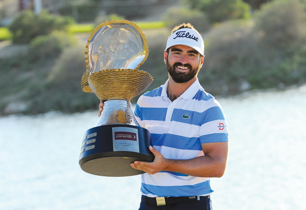 France's Antoine Rozner poses with the Mother of Pearl Trophy after winning the 2021 Commercial Bank Qatar Masters at Education City Golf Club, yesterday.  
Pic: Ebrahim Kutty