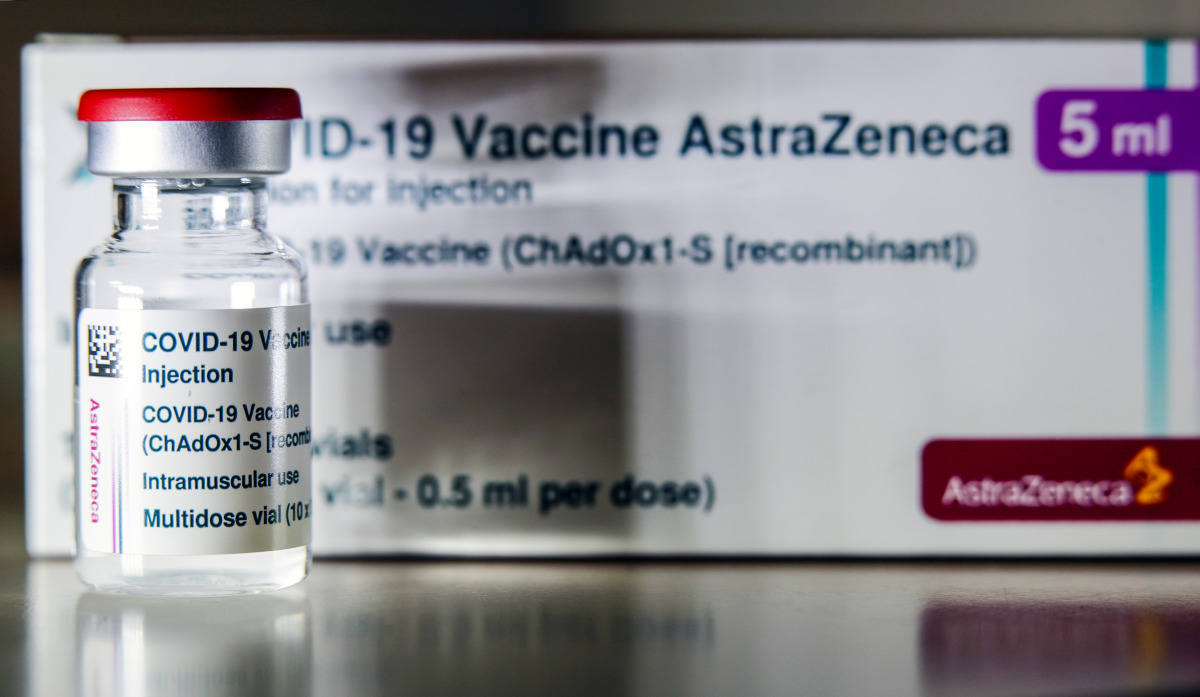 A vial with AstraZeneca's coronavirus disease (COVID-19) vaccine is pictured in Berlin, Germany, March 16, 2021. REUTERS/Hannibal Hanschke
