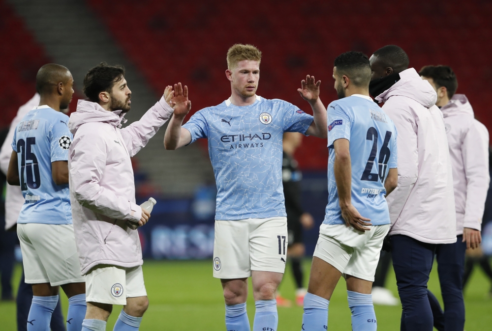 Manchester City's Kevin De Bruyne celebrates after the match REUTERS/Bernadett Szabo