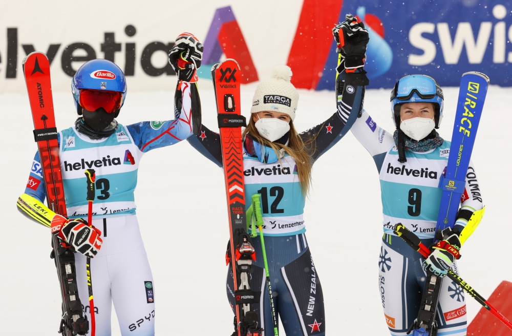 Second-placed Mikaela Shiffrin of the U.S. first-placed New Zealand's Alice Robinson and third-placed Slovenia's Meta Hrovat celebrate after the Women's Giant Slalom REUTERS/Denis Balibouse