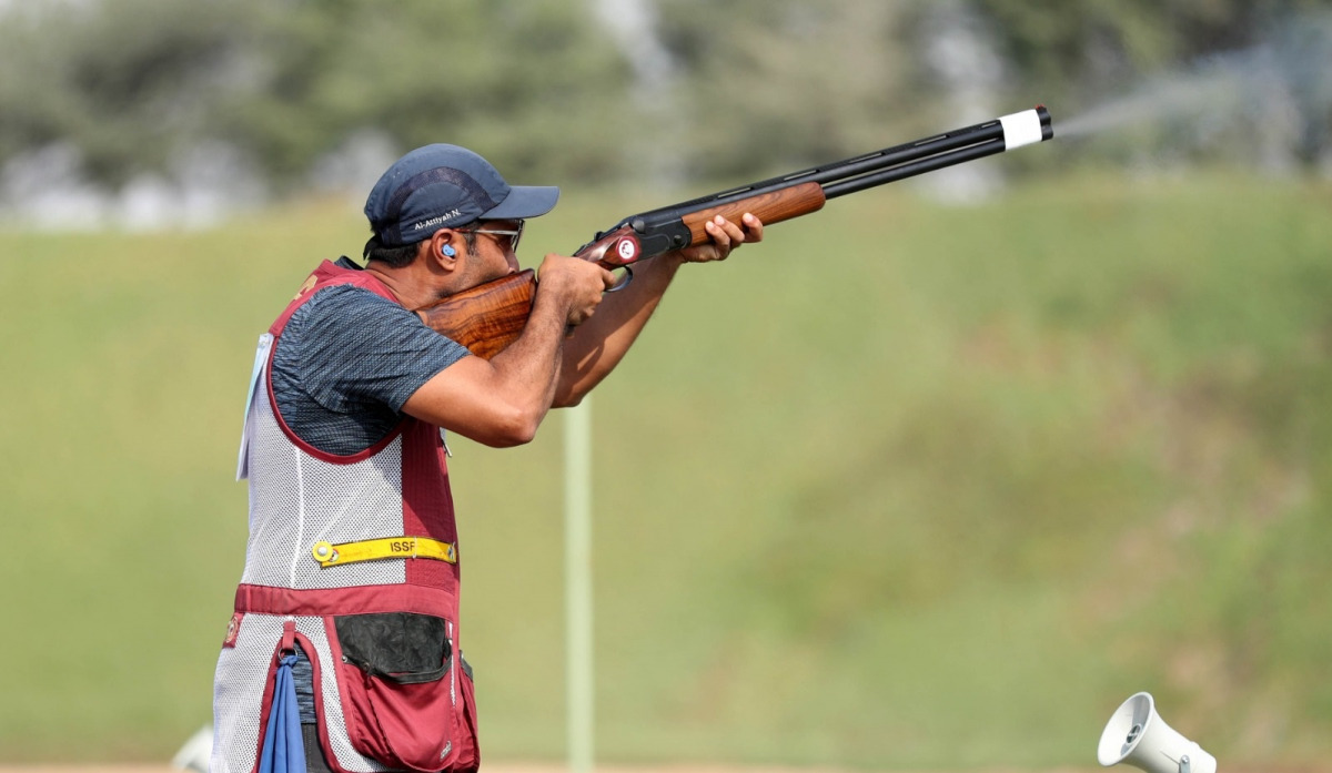 Nasser Saleh Al Attiyah in action during the Men's Skeet Shooting final at the ISSF World Cup in New Delhi, India, yesterday. 