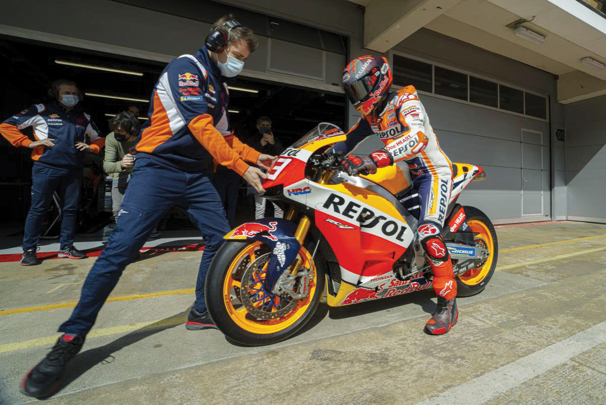 Marc Marquez prepares to ride an RC213V-S Honda track bike as he steps up his training at the Algarve Circuit in Portugal, following a long injury lay-off.