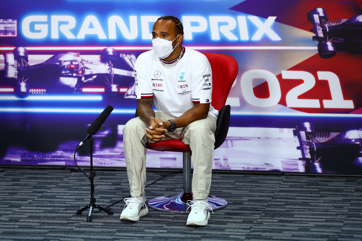 Formula One F1 - Bahrain Grand Prix - Bahrain International Circuit, Sakhir, Bahrain - March 25, 2021 Mercedes' Lewis Hamilton during the press conference FIA/Handout via REUTERS