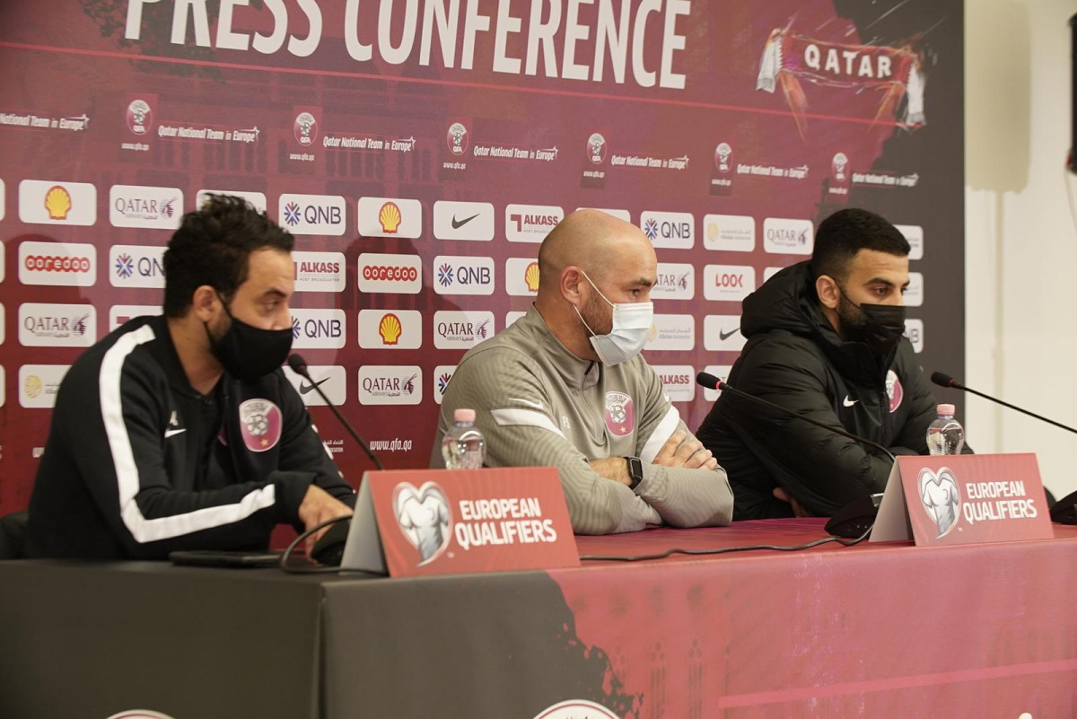 Qatar coach Felix Sanchez (centre) and Al Sadd goalkeeper Saad Al Dossari (right) during the press conference, yesterday.