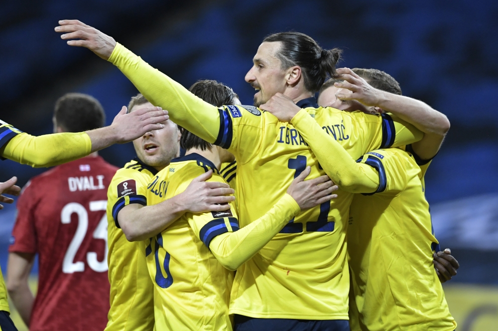 Sweden's Zlatan Ibrahimovic celebrates after teammate Viktor Claesson scores their first goal TT News Agency via REUTERS/Janerik Henriksson 