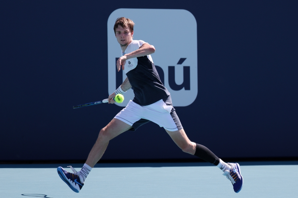 Alexander Bublik of Kazakhstan hits a forehand against Jannik Sinner of Italy (not pictured) in a men's singles quarterfinal in the Miami Open at Hard Rock Stadium. Geoff Burke-USA TODAY Sports