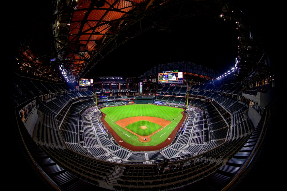 FILE PHOTO: Sep 24, 2020; Arlington, Texas, USA; A view of the stands and the open roof during the game between the Texas Rangers and the Houston Astros at Globe Life Field. Jerome Miron-USA TODAY Sports/File Photo
