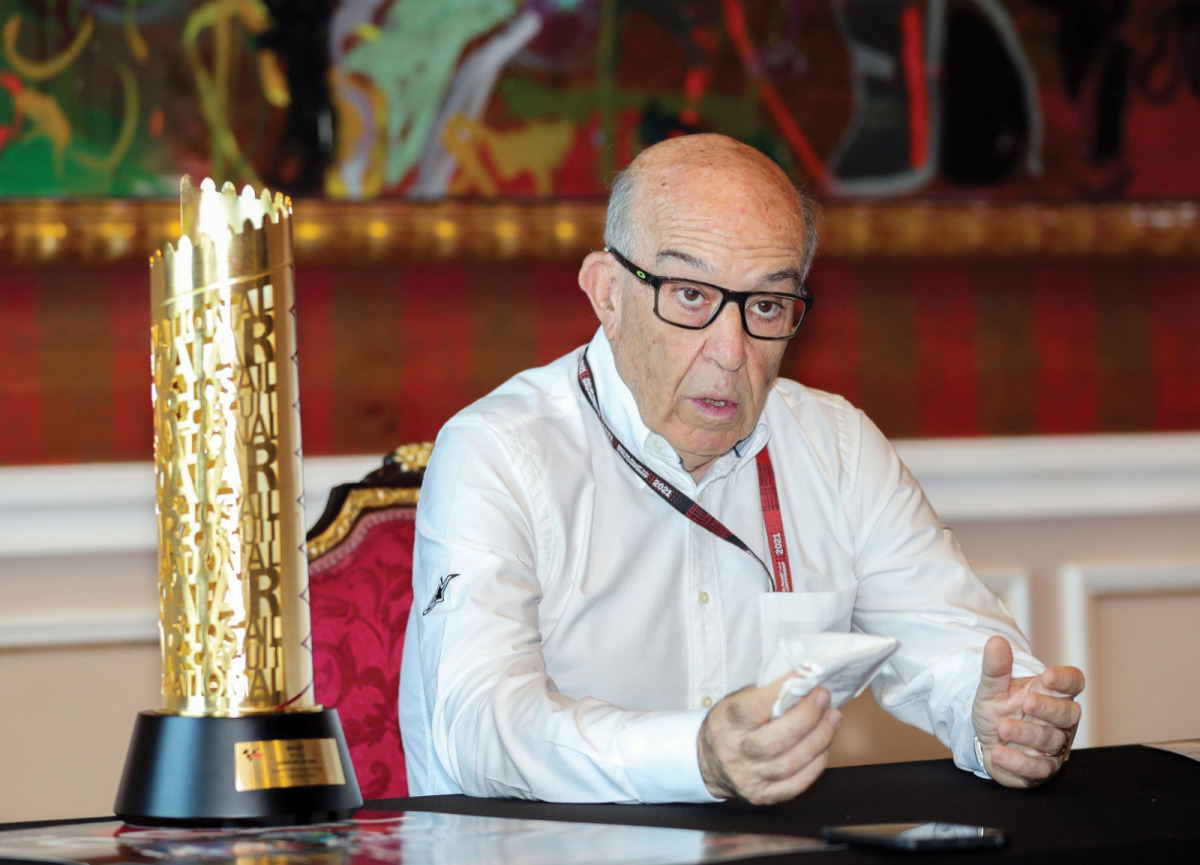 Dorna chief Carmelo Ezpeleta speaks during a press conference in Doha. 