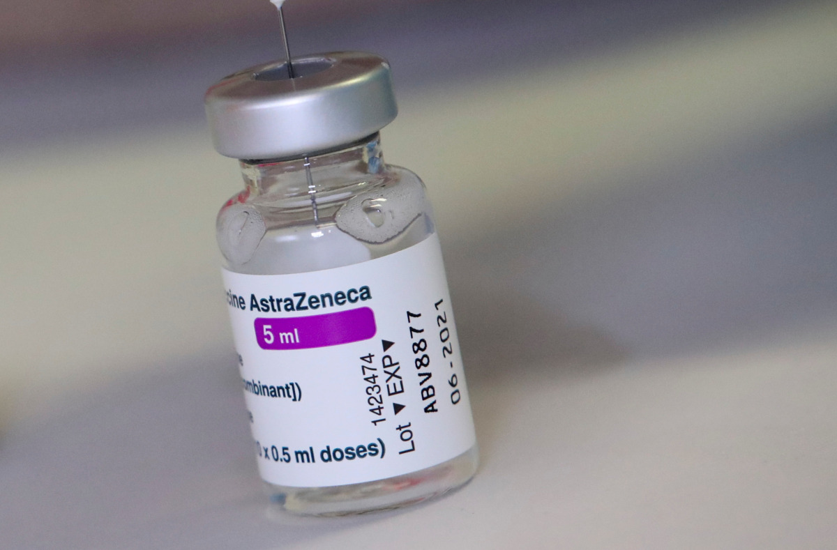 FILE PHOTO: A vial of AstraZeneca COVID-19 vaccine is seen at a vaccination center, amid the coronavirus disease outbreak, in Ronquieres, Belgium April 6, 2021. REUTERS/Yves Herman/File Photo
