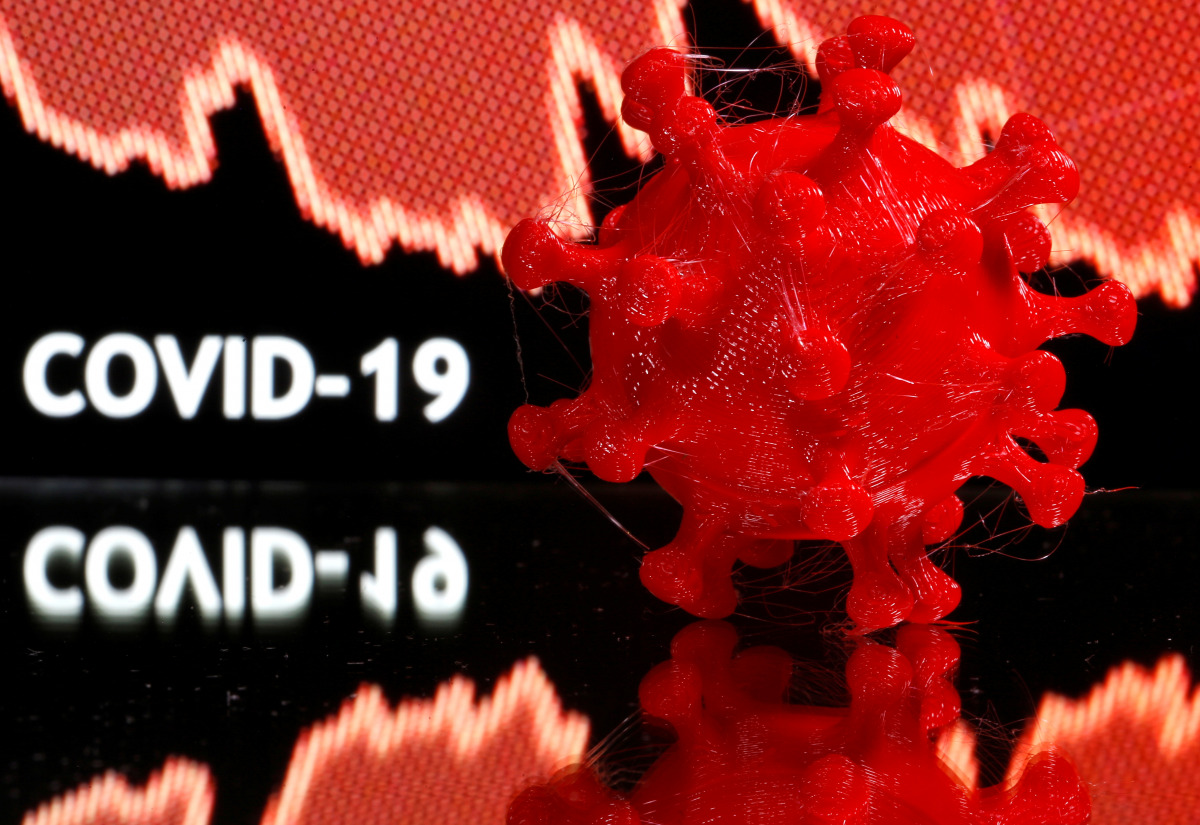 FILE PHOTO: A 3D-printed coronavirus model is seen in front of a stock graph and the words Covid-19 on display in this illustration taken March 25, 2020. REUTERS/Dado Ruvic/Illustration/File Photo
