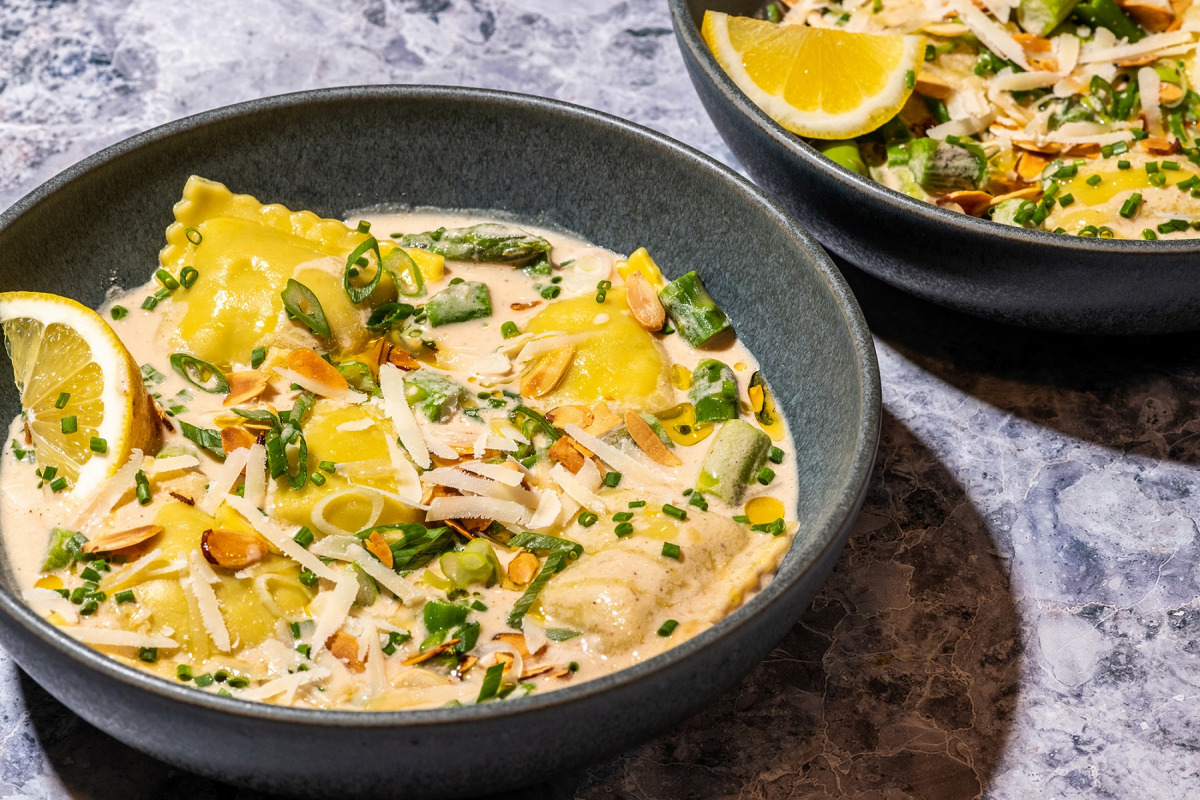 Ravioli and Asparagus in Toasted Almond Broth. Photo by Laura Chase de Formigny for The Washington Post.