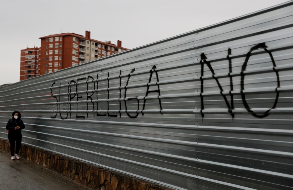 General view of anti Super League graffiti as twelve of Europe's top football clubs launch a breakaway REUTERS/Nacho Doce