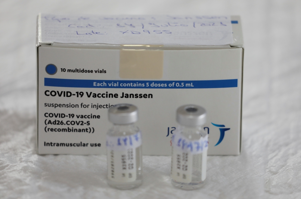 Empty vials of Johnson & Johnson's coronavirus disease (COVID-19) vaccine are seen on a table at a vaccination centre in Ronda, Spain, April 23, 2021. Reuters/Jon Nazca