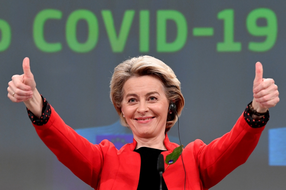 European Commission President Ursula von der Leyen gestures during a press conference following a college meeting to introduce draft legislation on a common EU COVID-19 vaccination certificate at the EU headquarters in Brussels, Belgium March 17, 2021. Jo