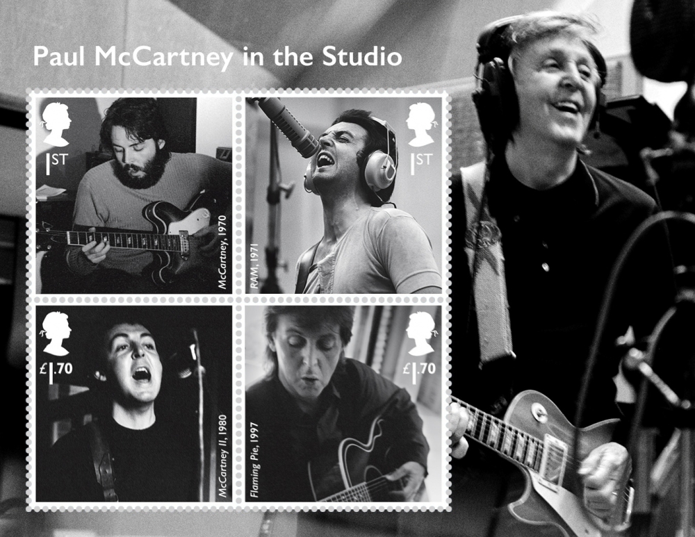 A combination image of 4 Royal Mail stamps created in honor of Sir Paul McCartney shows him in the studio working on various albums. Royal Mail/MPL Communications Ltd/Handout via REUTERS