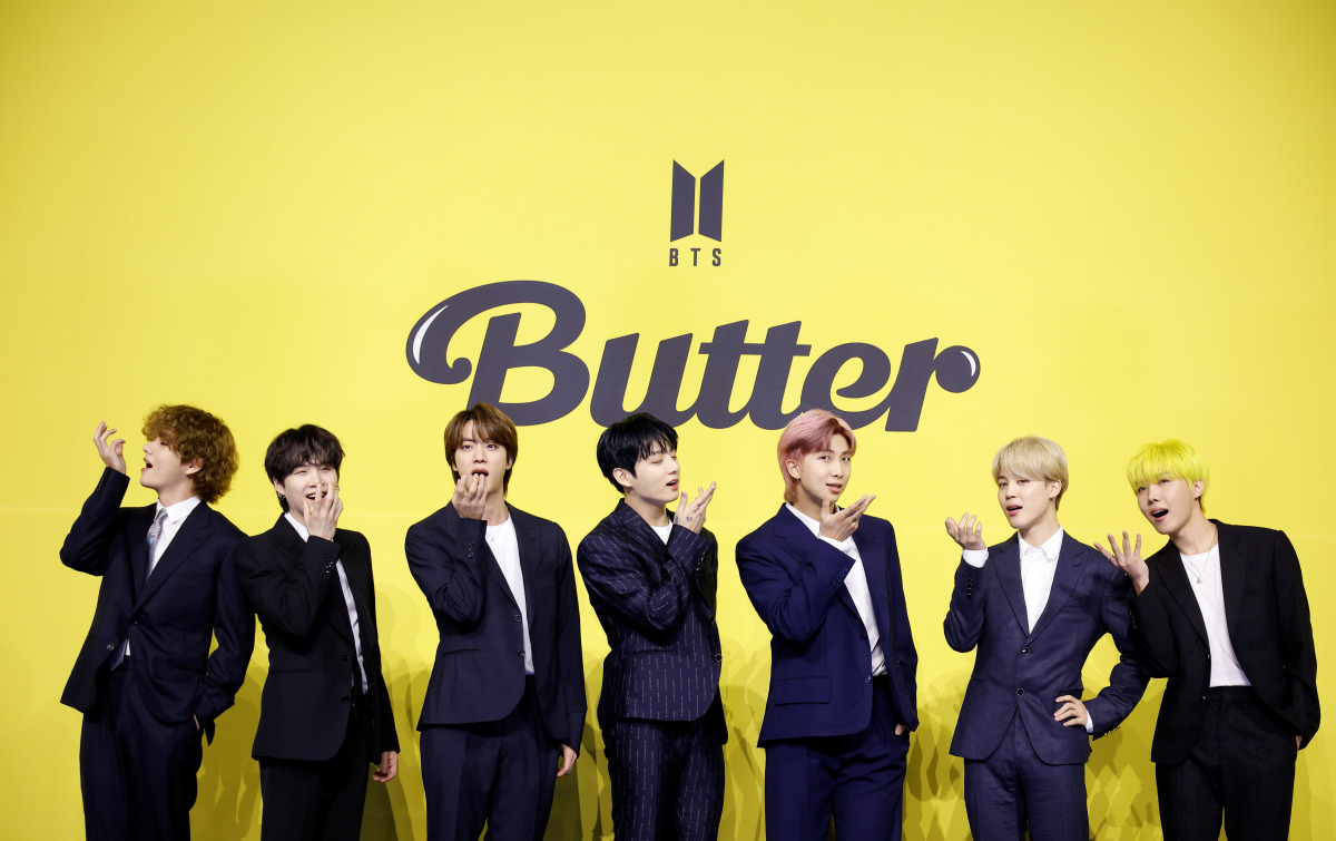 Members of K-pop boy band BTS pose for photographs during a photo opportunity promoting their new single 'Butter' in Seoul, South Korea, May 21, 2021. REUTERS/Kim Hong-Ji
