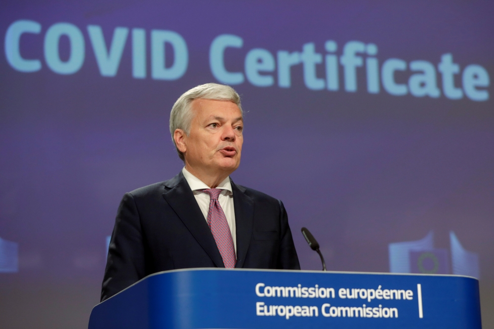 European Commissioner for Justice Didier Reynders speaks at a news conference on the provisional political agreement on the EU Digital COVID Certificate at the European Commission in Brussels, Belgium, May 21, 2021. Stephanie Lecocq/Pool via REUTERS