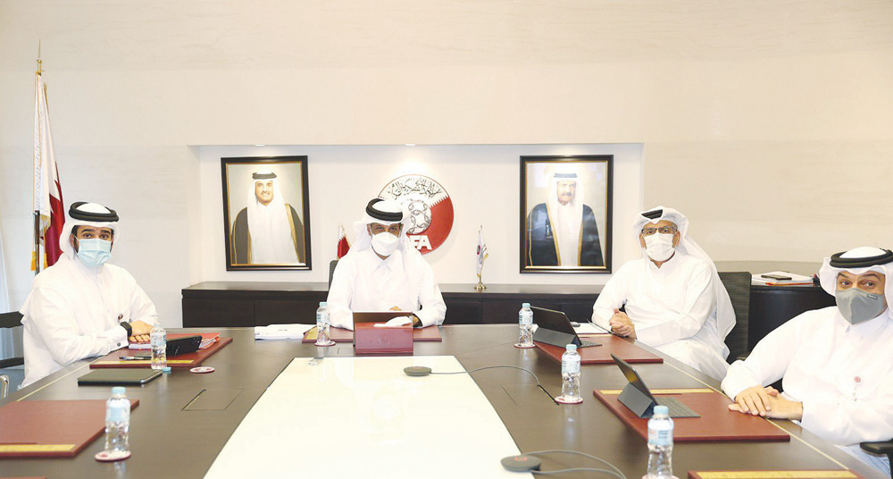 Sheikh Hamad bin Khalifa bin Ahmed Al Thani, President of the Qatar Football Association, chairs the General Assembly meeting in the presence of top QFA officials  via video technology yesterday. 