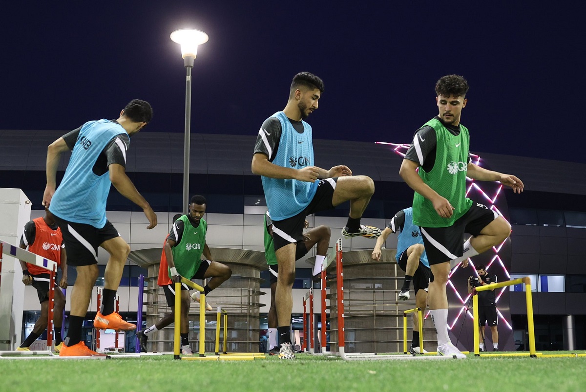 Qatar players attend a training session as they prepare for remaining Group E matches of Joint Asian Qualifiers for the 2023 AFC Asian Cup and the 2022 FIFA World Cup.