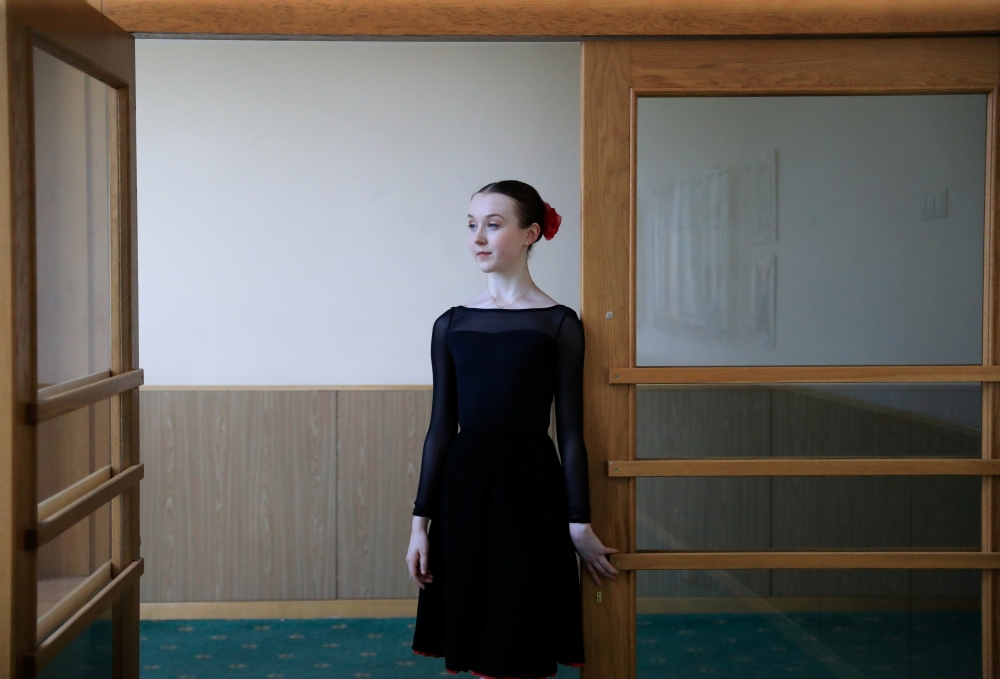 British ballerina Rachel Armstrong poses for a picture after a lesson at the Bolshoi Ballet Academy in Moscow, Russia May 20, 2021. Armstrong, 20, is among the few dancers from England to ever graduate from the renowned Bolshoi Ballet Academy, whose Russi