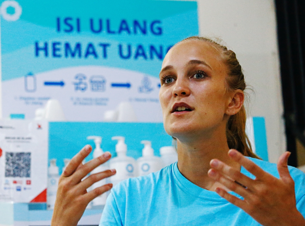 Jane Marlen von Rabenau, Chief Executive Officer & Co-founder of Siklus, a start-up company which refills household products in a bid to reduce plastic waste, speaks during an interview at her office in Jakarta, Indonesia, May 25, 2021. Picture taken May 