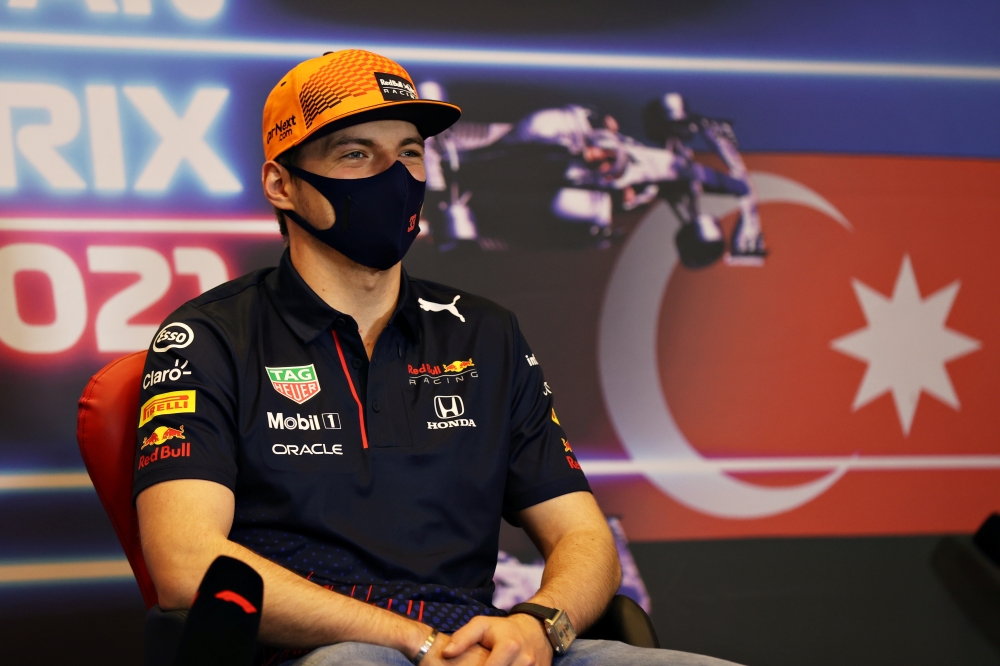 Red Bull's Max Verstappen during the press conference. REUTERS/Clive Rose