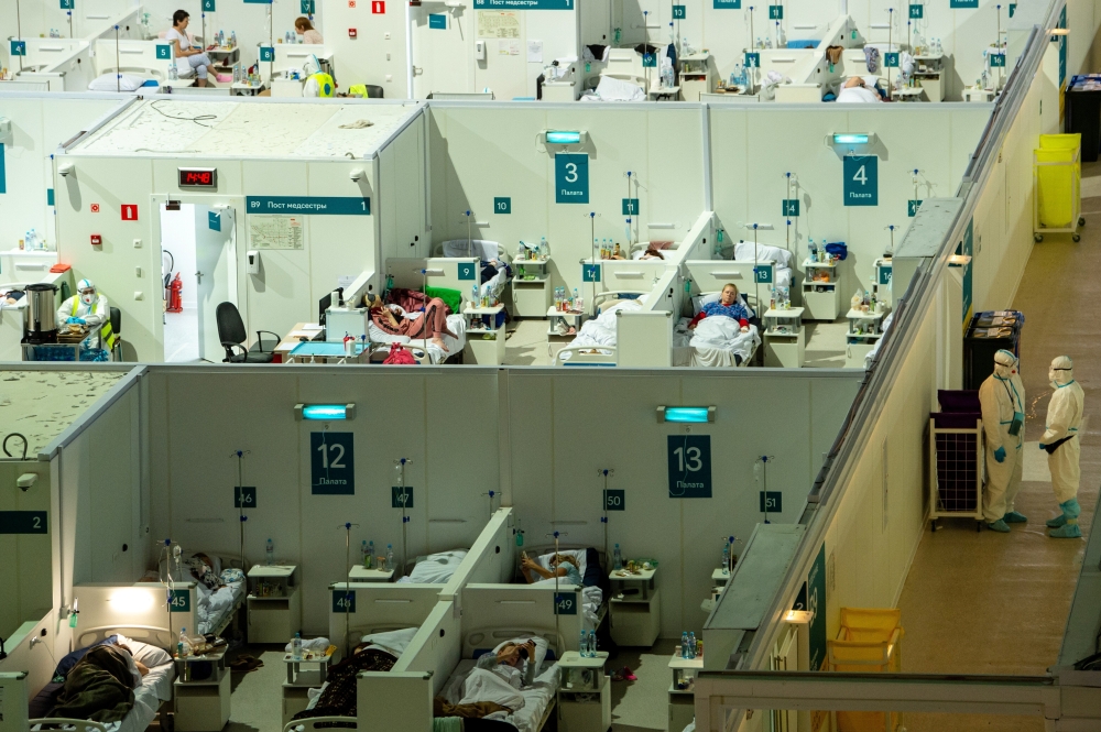 A general view of treatment blocks at a temporary hospital in the Krylatskoye Ice Palace, where patients suffering from the coronavirus disease (COVID-19) are treated, in Moscow, Russia June 11, 2021. Denis Grishkin/Moscow News Agency/Handout via REUTERS