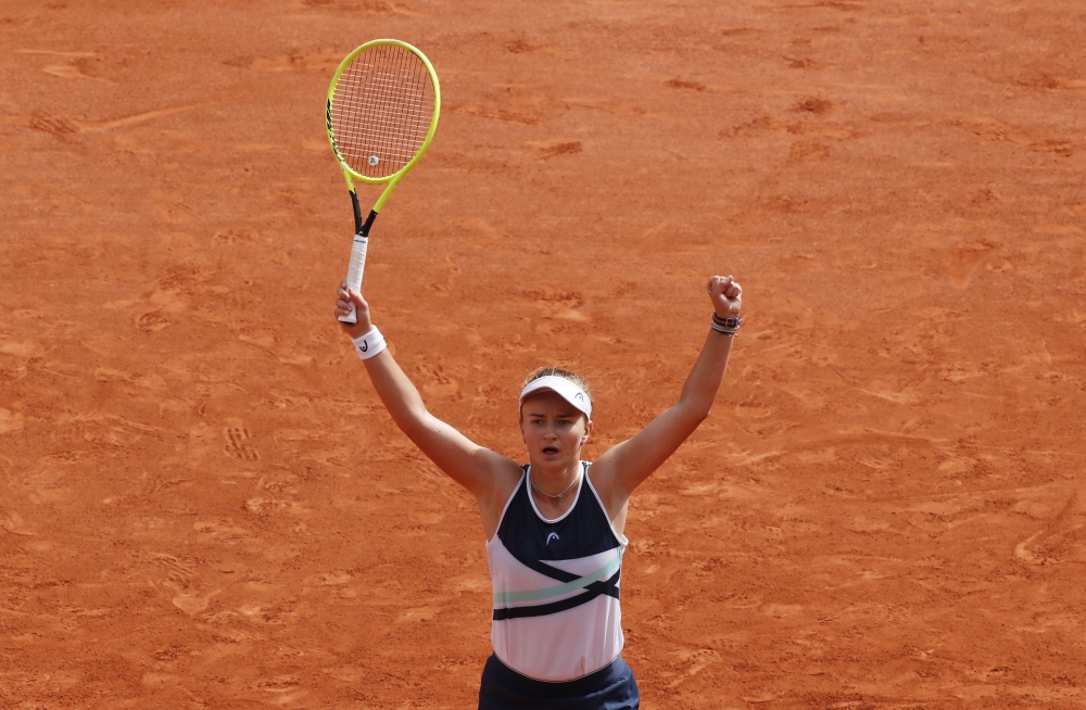 Czech Republic's Barbora Krejcikova celebrates after winning the final match against Russia's Anastasia Pavlyuchenkova. (REUTERS/Gonzalo Fuentes)