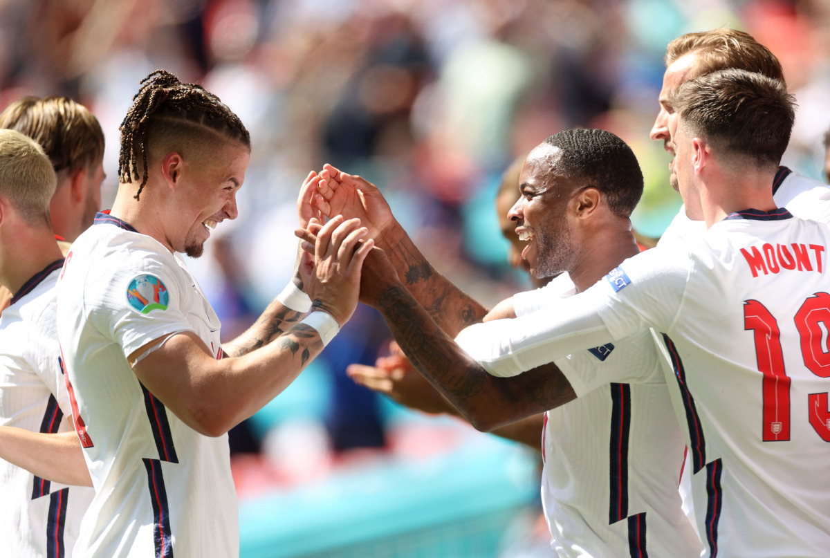 Soccer Football - Euro 2020 - Group D - England v Croatia - Wembley Stadium, London, Britain - June 13, 2021 England's Raheem Sterling celebrates scoring their first goal with Kalvin Phillips Pool via REUTERS/Carl Recine
