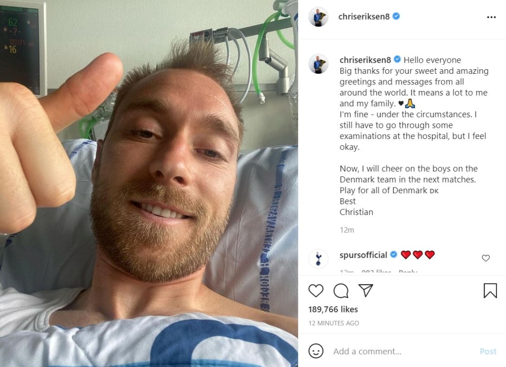 Danish footballer Christian Eriksen gives a thumbs-up at Rigshospitalet, where he is treated after he collapsed during a UEFA Euro 2020 game on Saturday, in Copenhagen, Denmark, in this picture obtained from social media. Picture published June 15, 2021. 