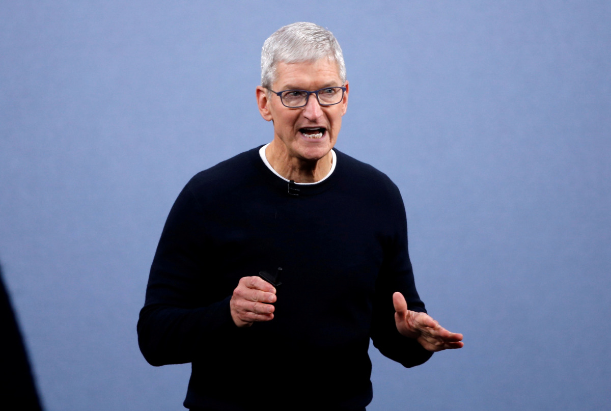 FILE PHOTO: CEO Tim Cook speaks at an Apple event at the company's headquarters in Cupertino, California, U.S. September 10, 2019. REUTERS/Stephen Lam/File Photo
