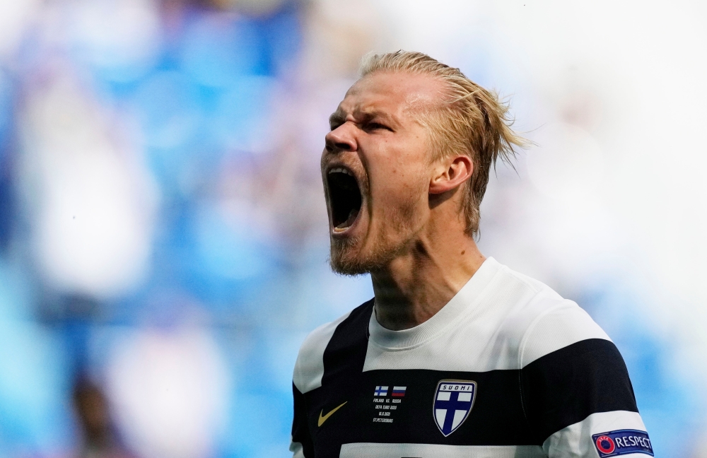 Finland's Joel Pohjanpalo celebrates a goal that is later disallowed Pool via REUTERS/Dmitri Lovetsky