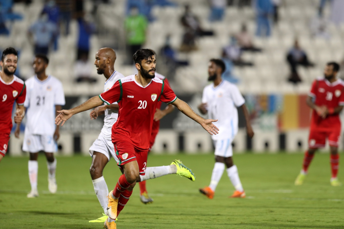 Oman player Salaah Al Yahyaei  celebrates scoring a goal against Somalia in Doha yesterday.