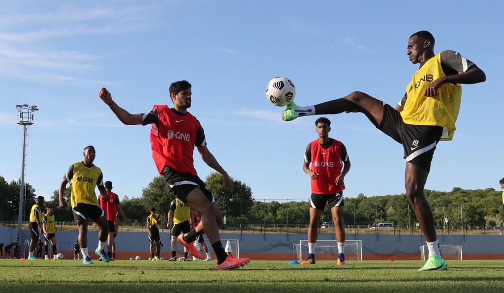 Qatar players during a training session yesterday.