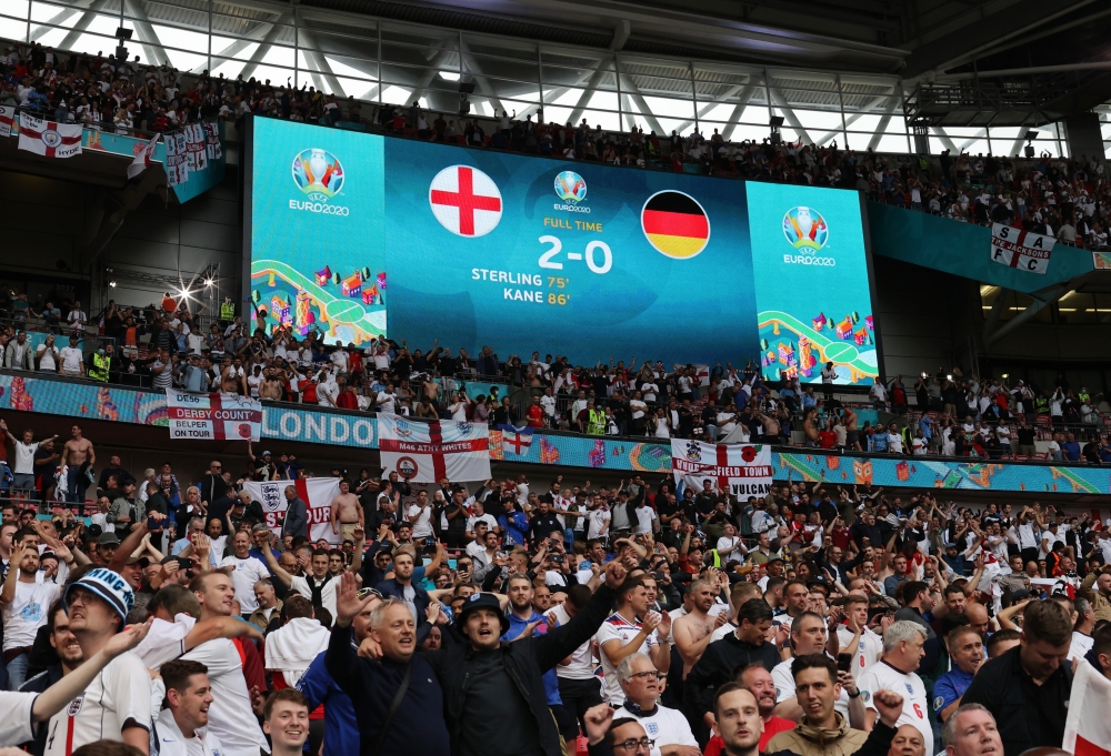 General view of the scoreboard as fans celebrate after the match Pool via REUTERS/Carl Recine