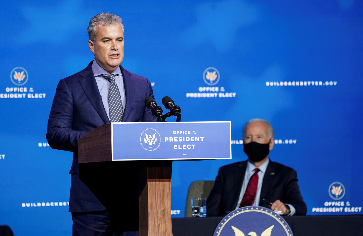 FILE PHOTO: Jeff Zients, U.S. President-elect Biden's choice to be coronavirus disease (COVID-19) czar to oversee the response to the pandemic, addresses a news conference as Biden listens at his transition headquarters in Wilmington, Delaware, U.S., Dece