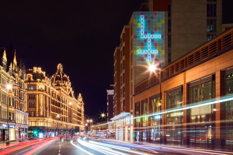 FILE PHOTO:Scrabble words, that reflect the mood of the nation as the coronavirus disease (COVID-19) lockdown eases and unveil the new brand look, are displayed at Knightsbridge near Harrods in London, Britain in this undated handout photo. Mattel/Michael