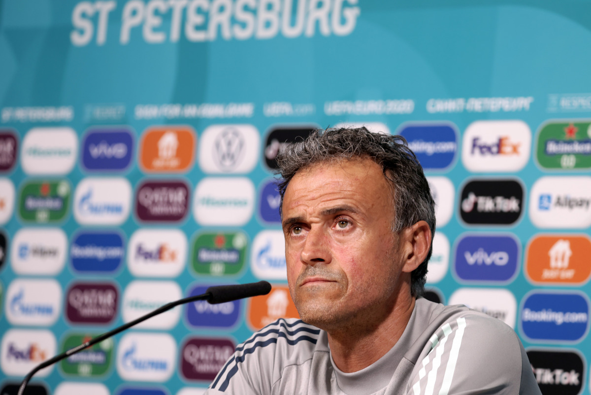 Soccer Football - Euro 2020 - Spain Press Conference - Petrovsky Stadium, Saint Petersburg, Russia - July 1, 2021 Spain coach Luis Enrique during the press conference UEFA/Handout via REUTERS
